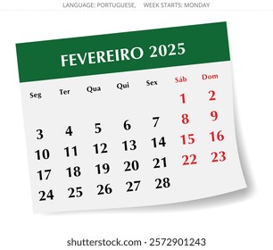 February PORTUGUESE monthly calendar for 2025 year - fevereiro. Vector illustration with paper design for Portugal