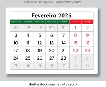 February PORTUGUESE monthly calendar for 2025 year - fevereiro. Vector page illustration for Portugal