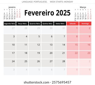 February PORTUGUESE monthly calendar for 2025 year (fevereiro). Vector page illustration for Portugal