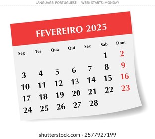 February PORTUGUESE monthly calendar for 2025 year. Vector illustration with stylish paper design for Portugal