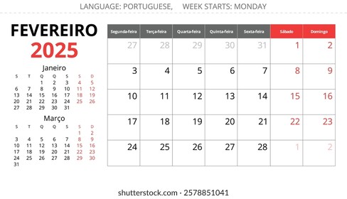 February PORTUGUESE monthly calendar for 2025 year. Vector page illustration for Portugal