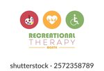 February is Recreational Therapy Month. Vector template Design for banner, greeting card, poster, prints, social media post ,flyer , T shirt with background.