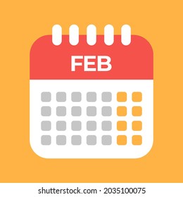 Febrero. Plantilla de calendario rojo con fondo naranja.