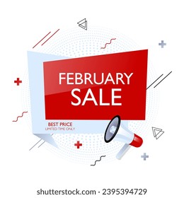 Banner de la venta de febrero con elementos abstractos y megáfono