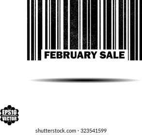 February Sale With Barcode And Shadow Black Grunge Stamp Isolated On White Background. Vector Illustration 