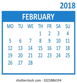 February. Second page of set. Calendar 2018, template. Week starts from Monday. Vector illustration