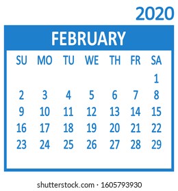 February. Second page of set. Calendar 2020, template. Week starts from Sunday. Vector illustration