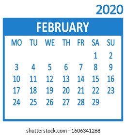 February. Second page of set. Calendar 2020, template. Week starts from Monday. Vector illustration