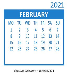 Febrero. Segunda página de set. Calendario 2021, plantilla. La semana comienza el lunes. Ilustración del vector