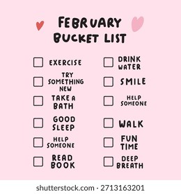 Ilustración vectorial de lista de cubos de autocuidado de febrero. Lista de verificación de bienestar con actividades y Casillas de verificación para Mindfulness, revistas y desafíos