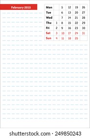 February sheet in an english 2015 Calendar with monthly planner