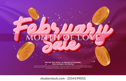 February special offer - banner in shades of pink with floating coins decoration. digital promotion business concept
