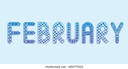 February text is isolated. Vector stock illustration. Lettering February for planner, organizer, calendar. Winter month February as text for design. Isolated illustration with winter month