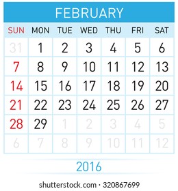 February Twenty-Sixteen. Calendar Month. Illustration on white background