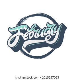 February typography with circle grunge frame on white isolated background. Used for banners, calendars, posters, icons, labels. Modern brush calligraphy. Vector illustration.