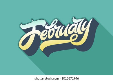 February typography on blue background with long shadow. Retro style illustration. Used for banners, calendars, posters, icons, labels. Vector brush lettering. Flat vector illustration.