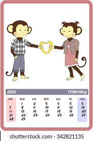 February. Valentine's day. Pair of boy and girl monkeys in love. 
2016 Calendar with cute monkey (2016 symbol) - holidays all year round.