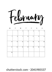 Febrero. Planificador de vectores Calendario 2022. Tamaño de letra estadounidense. La semana comienza el lunes. Letras dibujadas a mano. Diseño minimalista en blanco y negro.