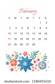 February. Vector calendar template for 2019 year with beautiful composition of embroidery flowers. Week start on sunday. 