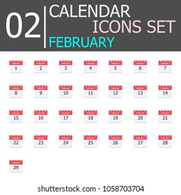 February Vector flat daily calendar icons set. Date and time, day, month. Holiday. Season.
