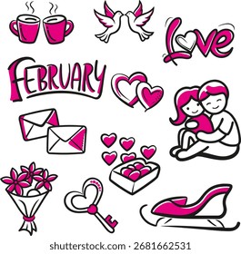 Conjunto de ícones de vetor de fevereiro, fundo transparente