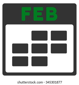 February vector icon. Style is bicolor flat symbol, green and gray colors, rounded angles, white background.