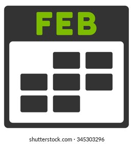 February vector icon. Style is bicolor flat symbol, eco green and gray colors, rounded angles, white background.