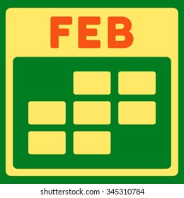 February vector icon. Style is bicolor flat symbol, orange and yellow colors, rounded angles, green background.
