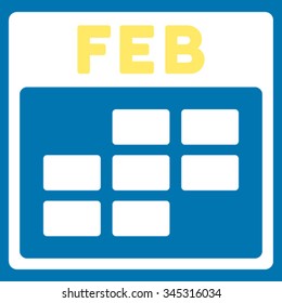 February vector icon. Style is bicolor flat symbol, yellow and white colors, rounded angles, blue background.