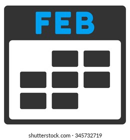 February vector icon. Style is bicolor flat symbol, blue and gray colors, rounded angles, white background.