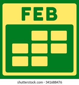 February vector icon. Style is flat symbol, yellow color, rounded angles, green background.