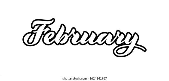 February - vector lettering of hand drawn. White and  black illustration  isolated on white.  Lettering, handwritten words, design elements. EPS 10