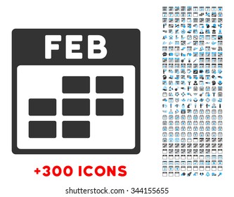 February vector pictogram with additional 300 date and time management icons. Style is bicolor flat symbols, blue and gray colors, rounded angles, white background.