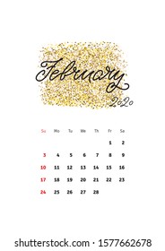 February. Wall calendar 2020 template with hand drawing lettering month name on sparkle background. Vector illustration 8 EPS.