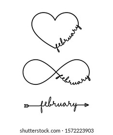 February - word with infinity symbol, hand drawn heart, one black arrow line. Minimalistic drawing of phrase illustration