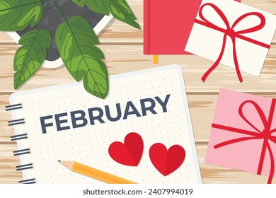 february written on spiral notebook, flat lay composition on wooden desk with presents, house plant, pencil and paper hearts; Valentine's Day concept -vector illustration
