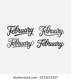 Plantillas escritas en febrero ambientadas en un elegante guion de unión con trazos atrevidos y elegantes, diseñadas con una tipografía de Vector de alta calidad y limpias, perfectas para calendarios, marcas de temporada, tarjetas de felicitación, planificadores, encabezados, diseños de texto modernos y proyectos de letras creativas