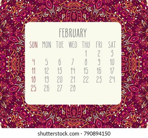 February year 2018 vector month calendar over lacy doodle hand drawn pink background, week starting from Sunday.