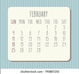 February year 2018 vector monthly hand drawn calendar. Beige plank over blue stripes background. Week starting from Sunday.