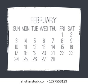 February year 2019 contemporary vector monthly calendar. Week starting from Sunday. Hand drawn square brush stroke white design over dark gray background.