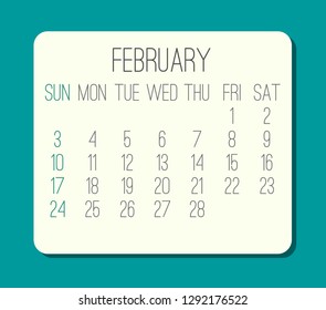 February year 2019 plain contemporary vector monthly calendar. Week starting from Sunday. Beige rounded rectangle over bright turquoise green background.
