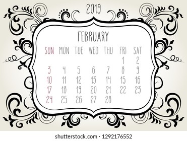 February year 2019 plain contemporary vector monthly calendar. Week starting from Sunday. Ornate elegant frame design in black over white background.
