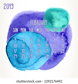 February year 2019 vector monthly calendar. Week starting from Sunday. Hand drawn multicolor watercolor paint circles artsy design over white background.