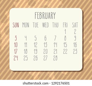 February year 2019 vector monthly calendar. Week starting from Sunday. Vintage brown stripes and grunge splatter blots background.