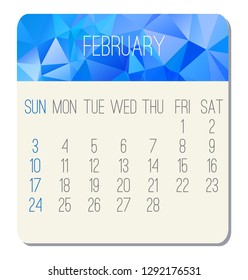 February year 2019 vector monthly calendar. Week starting from Sunday. Contemporary low poly design in blue color.