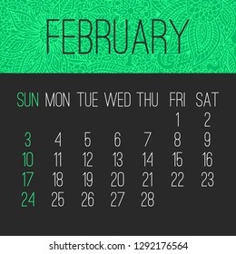 February year 2019 vector monthly calendar over doodle ornate hand drawn florals, week starting from Sunday. Bright green and black design.