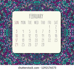 February year 2019 vector monthly calendar over teal and purple doodle ornate hand drawn background, week starting from Sunday.
