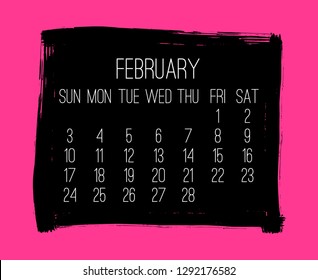 February year 2019 vector monthly modern calendar. Week starting from Sunday. Contemporary hand drawn brush stroke frame design in hot pink and black.