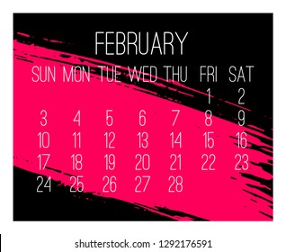 February year 2019 vector monthly modern calendar. Week starting from Sunday. Contemporary hand drawn freeform brush stroke frame design in hot pink and black.