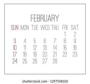 February year 2019 vector monthly calendar. Week starting from Sunday. Plain white contemporary design.